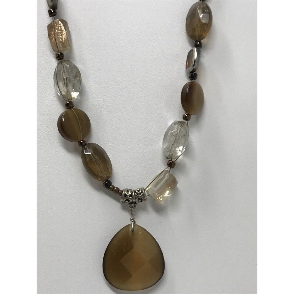 CHICO'S Necklace Brown Pendant Clear Brown Beads Silver Tone Earth Tone